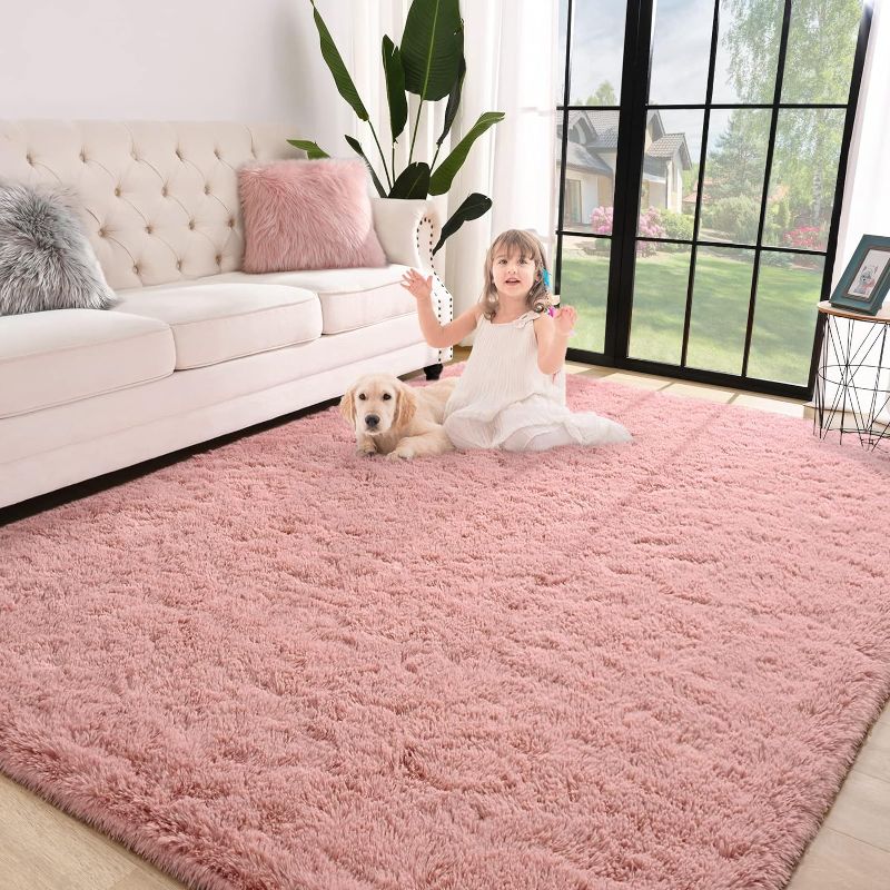 Photo 1 of Jelymark Super Soft Shaggy Rug for Bedroom, 8x10 Feet Fluffy Carpet for Living Room, Fuzzy Indoor Plush Area Rug for Home Decor, Furry Floor Rugs for Dorm, Kids Nursery Rug for Girls, Blush Pink
