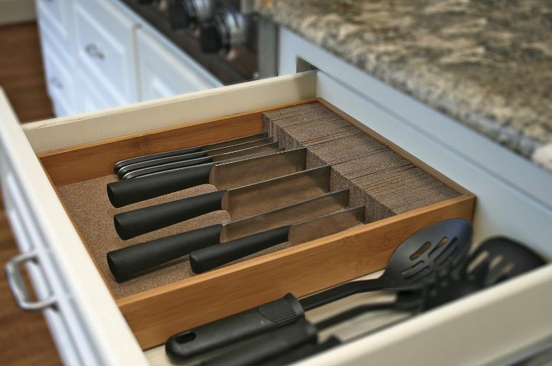 Photo 1 of Deluxe KNIFEdock Knife Drawer Organizer - Large Bamboo In-Drawer Kitchen Knife Storage Insert - Space-Saving Cork Composite Knife Block, Easy Access and Organization for Your Knives
