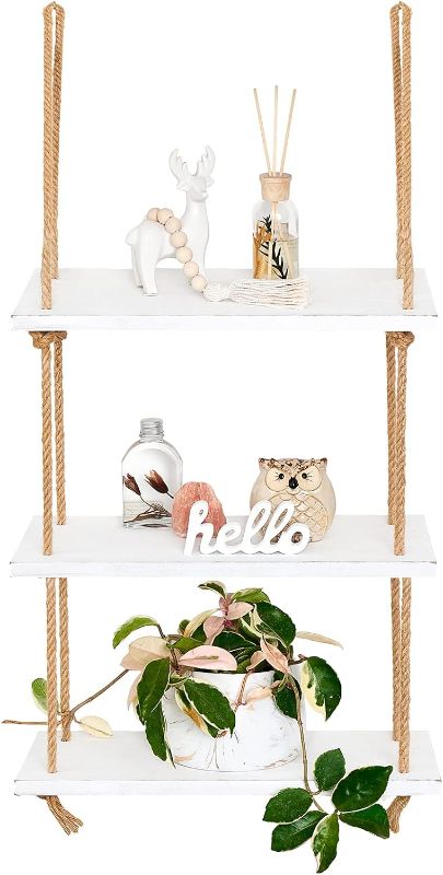 Photo 1 of Mkono Hanging Shelves 3 Tier White Wood Wall Mount Floating Shelf with Rope Boho Decor for Living Room Bathroom Bedroom Kitchen Apartment - Rustic Wood Decorative Storage Shelf

