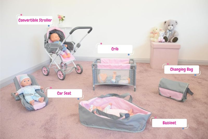 Photo 2 of KOOKAMUNGA KIDS 5 Pc Baby Doll Stroller Set - Baby Doll Accessories - Baby Doll Playset w/Doll Crib Stroller Car Seat - Playpen - Carry Cot - Diaper Bag - Ages 3+ - Deluxe Gray/Pink
