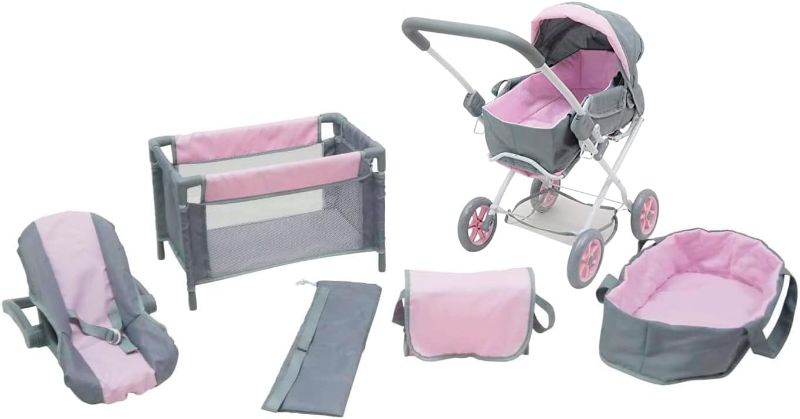 Photo 1 of KOOKAMUNGA KIDS 5 Pc Baby Doll Stroller Set - Baby Doll Accessories - Baby Doll Playset w/Doll Crib Stroller Car Seat - Playpen - Carry Cot - Diaper Bag - Ages 3+ - Deluxe Gray/Pink
