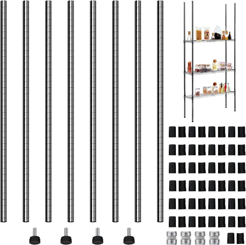 Photo 1 of Chrome Wire Shelving Posts Commercial Heavy Duty Wire Shelving Poles Wire Shelf Parts with 50 Pcs Wire Shelf Clips for 1" Post Shelving Rack Wire Shelf Accessories, Black (Set of 4,74 Inch)
