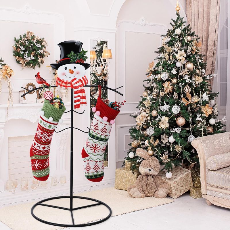 Photo 1 of Christmas Stocking Holder Christmas Decoration Freestanding Stocking Hanger Stand with Snowman and Twig Look Hangers Metal Christmas Stocking Rack for Floor Fireplace Living Room Holiday Party
