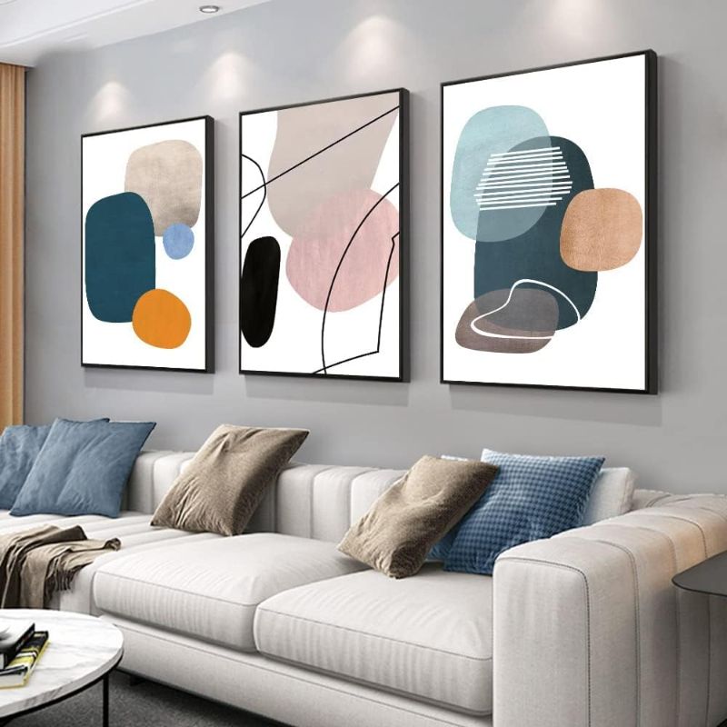 Photo 1 of MPLONG Wall Art 3 Pieces Of Framed Decorative Paintings Abstract Simple Orange White Blue And Other Color Blocks Wall Art Canvas Prints Wall Decor Gifts Size 16" x 24" x 3 Panels
