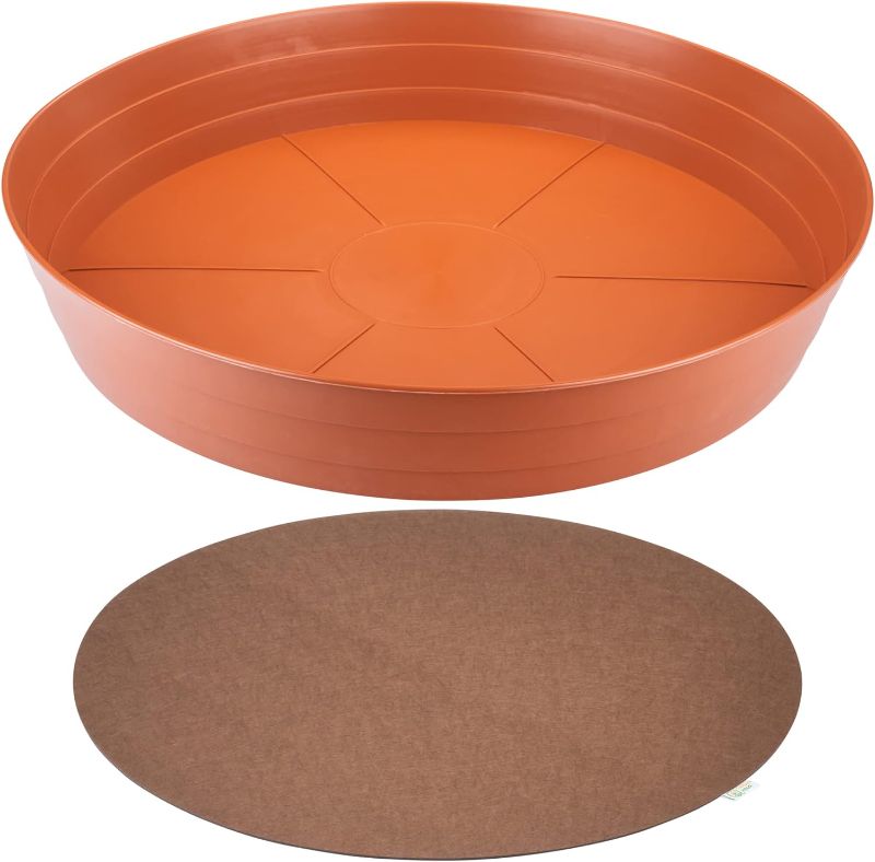 Photo 1 of Garden Hour 25" Extra-Large Plant Saucers for Potted Plants & Felt Mat for Floor Protection - Plastic Plant Trays for Indoors No Holes - Extra-Deep Drip Trays for Potted Plants - Terracotta.
