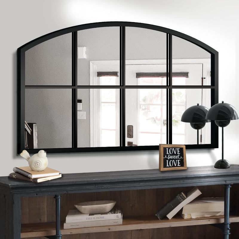 Photo 1 of Wide Window Pane Black Mirror,Farmhouse Arched Wall Mirror,Grid Mirror for Fireplace/Entryway/Hallway/Living Room,42“X28” (Black Wide Mirror)
