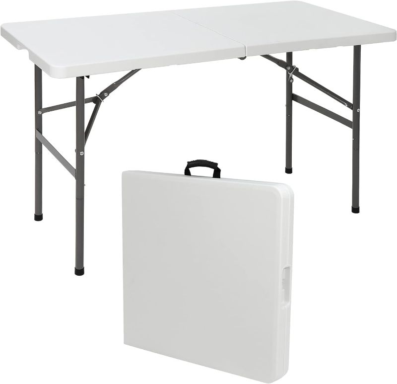 Photo 1 of SUPER DEAL Portable 4 Foot Plastic Folding Table, Indoor Outdoor Heavy Duty Fold-in-Half Picnic Party Camping Barbecues Table with Carrying Handle, White
