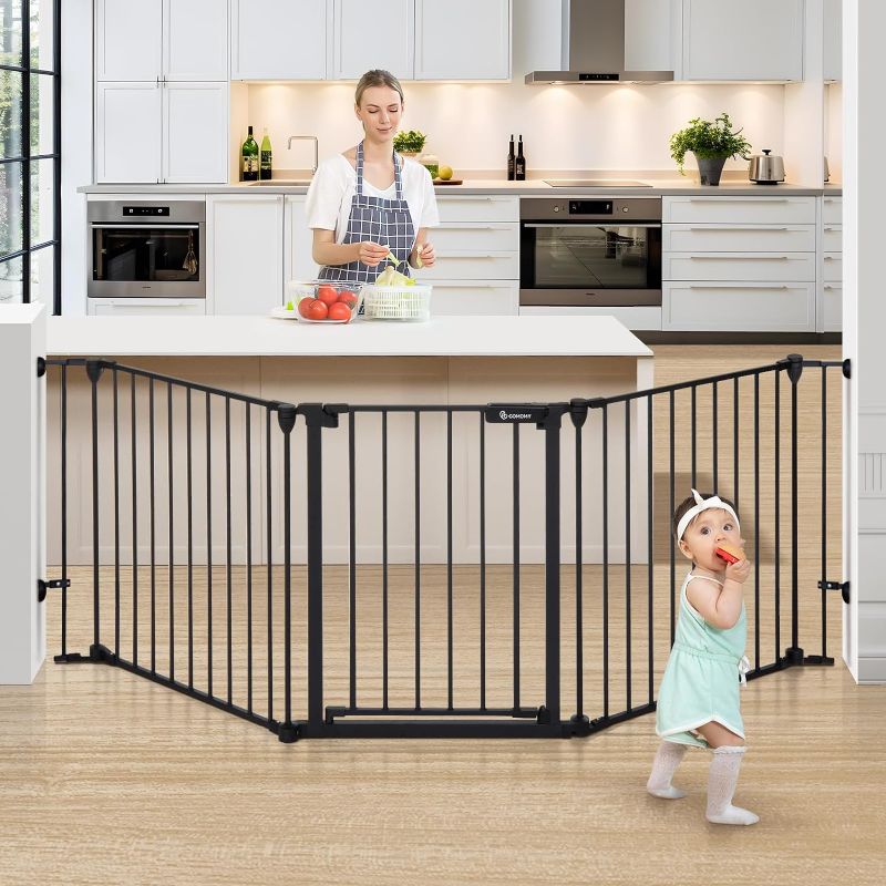 Photo 1 of COMOMY 80" Extra Wide Baby Gate, Dog Gate for House Stairs Doorways Fireplace, Auto Close Pet Gate with Door Walk Through, 3 Metal Panels, Hardware Mounted Baby Fence Indoor Outdoor(30" Tall, Black)
