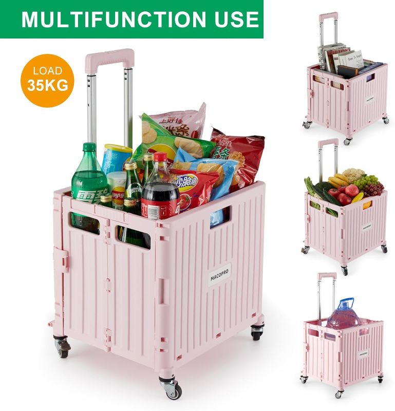 Photo 2 of Folding Utility Cart Portable Rolling Crate Handcart Shopping Trolley Collapsible Tool Box, with Lid, Basket on 4 Rotate Wheels, for Grocery, Shopping, Office, Storage, Teacher (Pink)
