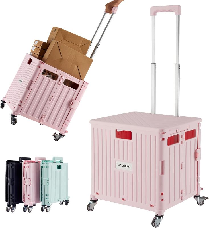 Photo 1 of Folding Utility Cart Portable Rolling Crate Handcart Shopping Trolley Collapsible Tool Box, with Lid, Basket on 4 Rotate Wheels, for Grocery, Shopping, Office, Storage, Teacher (Pink)
