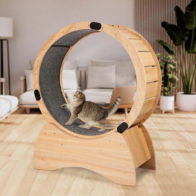 Photo 1 of Wooden Cat Exercise Wheel for Indoor Cats with Locking Mechanism, Great for Running, Spinning and Scratching Fun, 38.8”W Cat Treadmill with Silent Wheel, Cats Fitness Weight Loss Device
