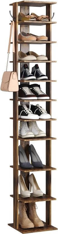 Photo 1 of HOMEFORT 10-Tier Vertical Shoe Rack, Corner Shoe Tower, Slim Shoe Organizer with Two Hanging Hooks, Wooden Shoe Storage Stand for Entryway, Hallway, Closet (Rustic Brown)
