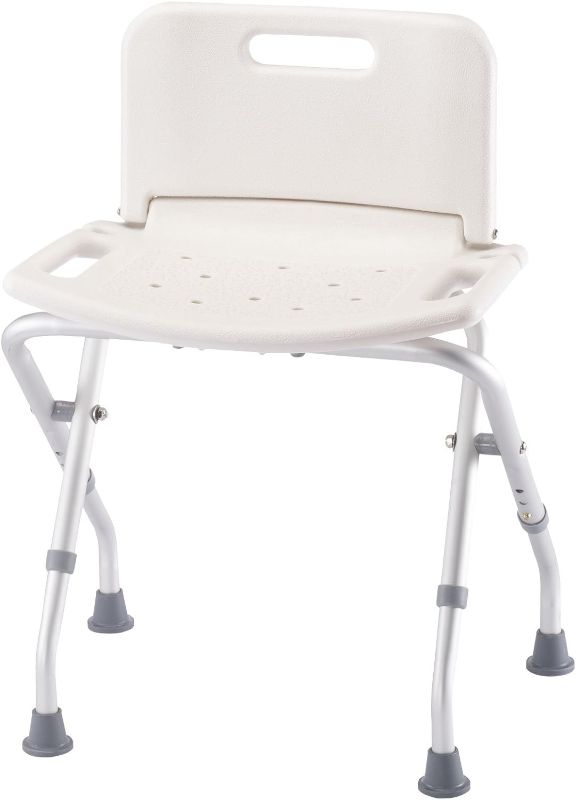 Photo 1 of Folding Bath Seat with Back Support, Portable Shower Bench, Rubber Tips, High-Density Polyethylene, White – Overall Bench Seat Measures 17 ½ Inches x 11 Inches, Supports Up to 300 Pounds
