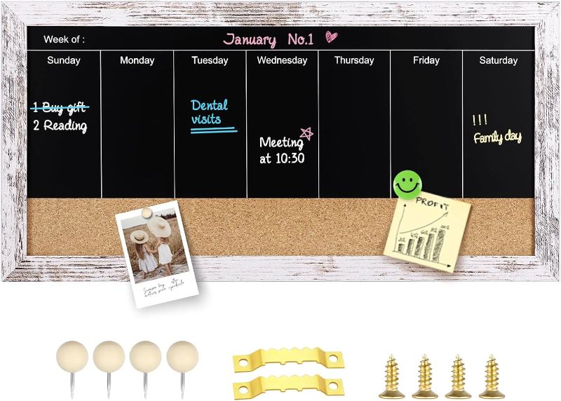 Photo 1 of Magnetic Weekly Chalkboard Calendar and Cork Board,Wood Framed Combination Chalk Board and Bulletin Baoard for Walls, Blackboard Combo Board for Home Office and Wall Decor(WH,3060,1pc)
