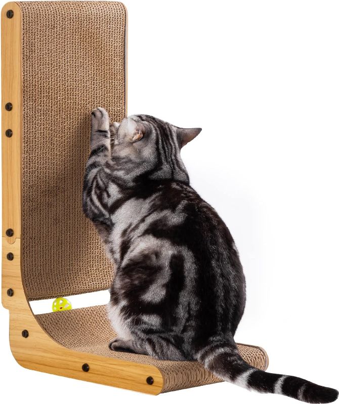 Photo 1 of L Shape Cat Scratcher, 26.8 Inch Cat Scratchers for Indoor Cats, Protecting Furniture Cat Scratch Pad, Cardboard Cat Scratching with Ball Toy, Catnip, Large
