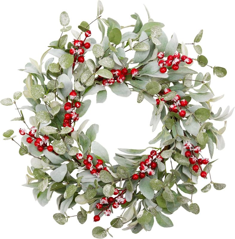 Photo 1 of 20 Inch Artificial Christmas Wreath Lambs Ear Leaves Door Wreath Winter Wreath with Artificial Snow Red Berries Christmas Decorations for Home Wall Window Decor
