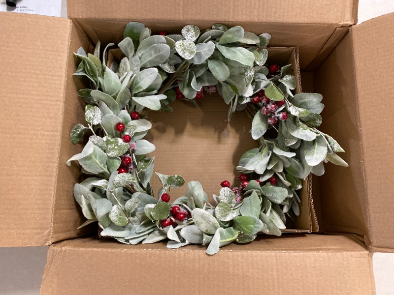 Photo 2 of 20 Inch Artificial Christmas Wreath Lambs Ear Leaves Door Wreath Winter Wreath with Artificial Snow Red Berries Christmas Decorations for Home Wall Window Decor
