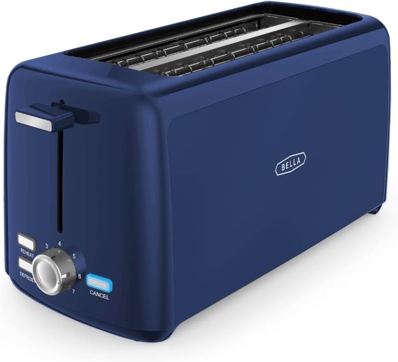 Photo 1 of BELLA 4 Slice Toaster, Long Slot & Removable Crumb Tray, 7 Shading Options with Auto Shut Off, Cancel & Reheat Button, Toast Bread & Bagel, Blue
