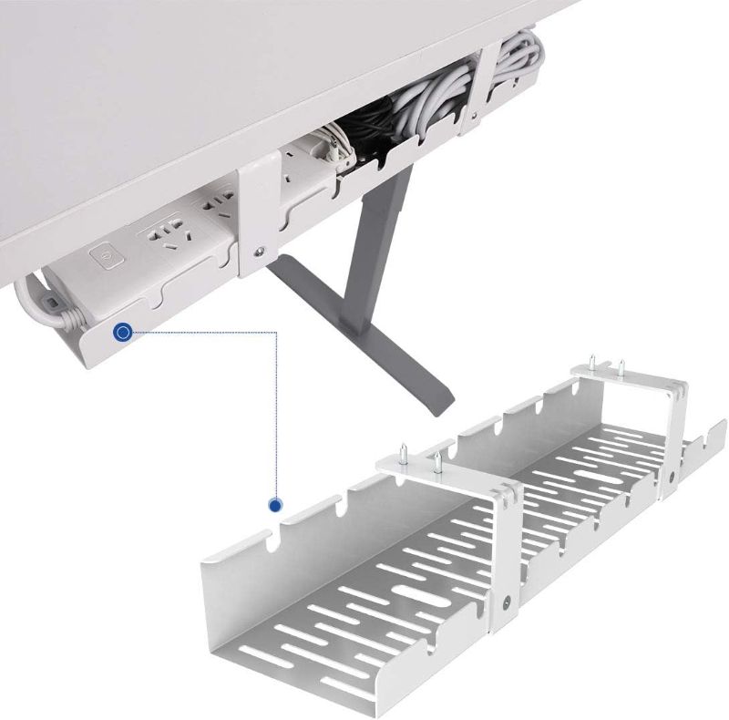 Photo 1 of FLEXISPOT Under Desk Cable Management Tray, Metal Raceway Wires Cable Tidy Organizer Office and Home Cable Tray Use for Standing Desk (White)
