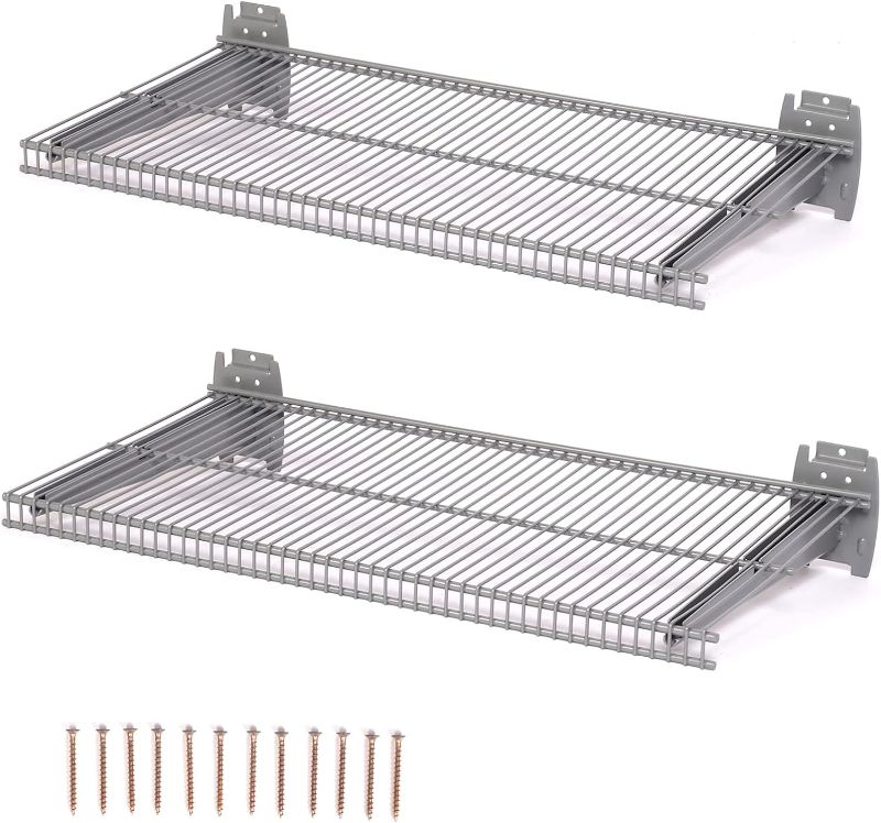 Photo 1 of lesolar 2Pcs Metal Slat Wall Shelves 12 x 24 inch Wall Mounted Storage Shelf for Slatwall Accessories Garage Organizer for Shoes Baseball Glove Sundries
