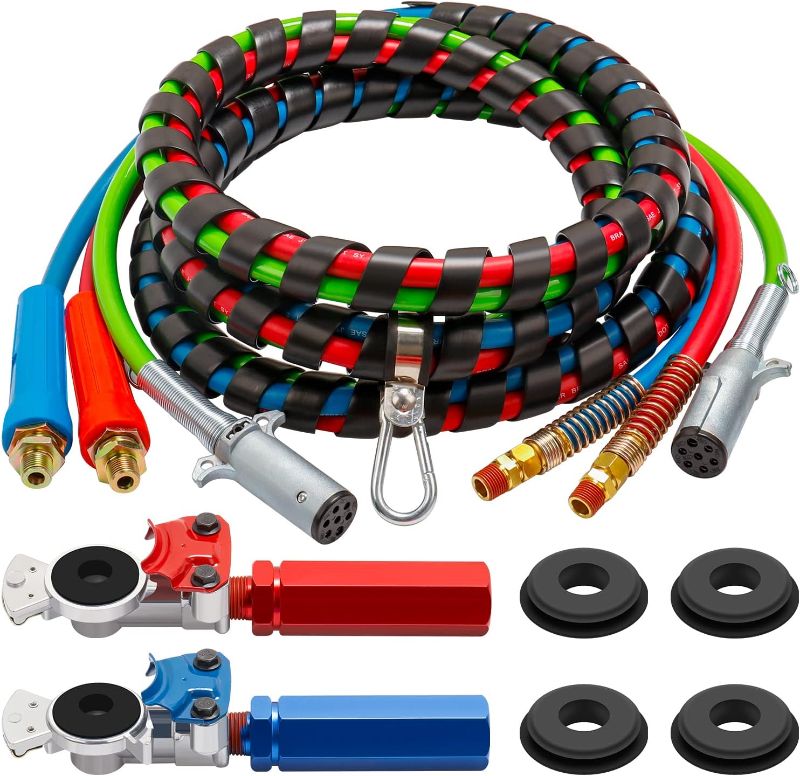 Photo 1 of 3 in 1 ABS & Power Air Line Hose with Glad Hand Hex Grip & Rubber Seals for Tractor Trailer Semi Truck
