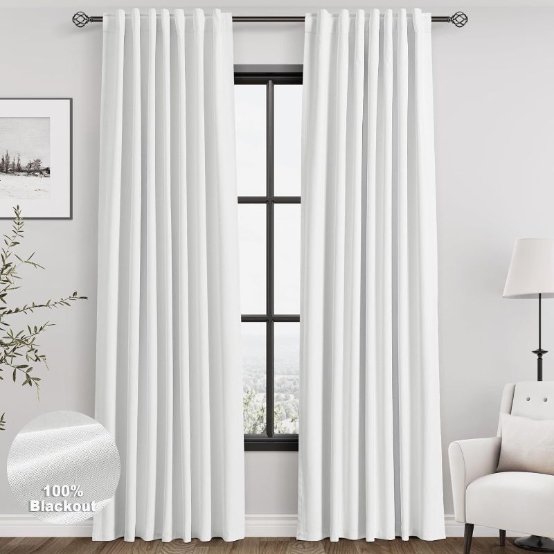 Photo 1 of White Linen Blackout Curtains 84 Inches Long 2 Panels for Living Room Back Tab Modern Cotton Textured Pure White Black Out Curtains Heating Blocking Linen Curtain Panels for Bedroom Nursery Kids
