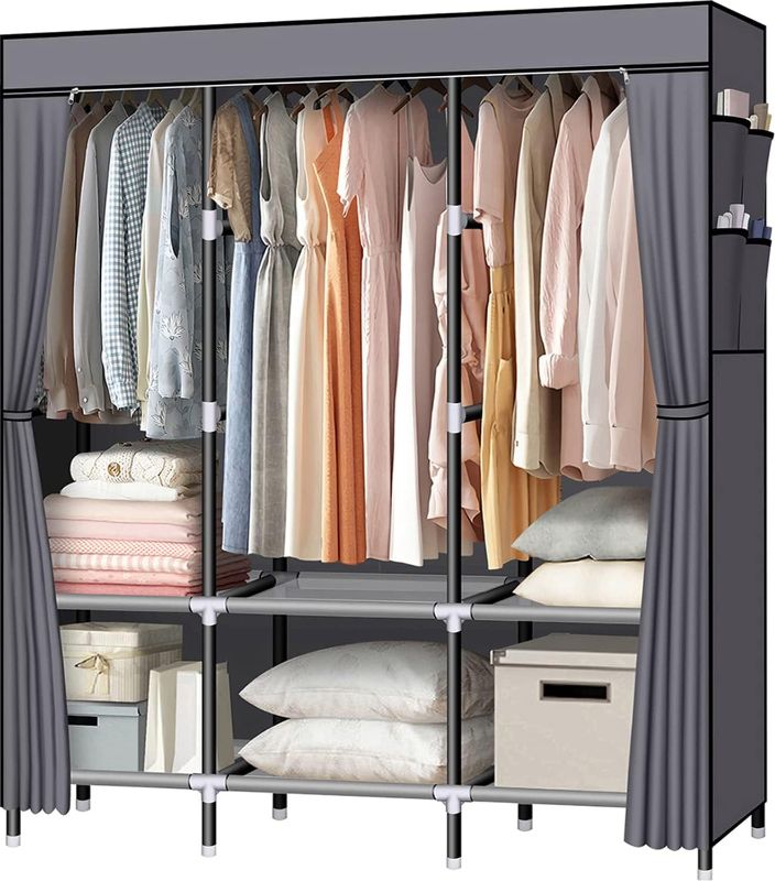 Photo 1 of LOKEME Portable Closet, 61-Inch Portable Wardrobe with 3 Hanging Rods and 6 Storage Shelves, Non-Woven Fabric, Stable and Easy Assembly Grey Portable Closets for Hanging Clothes with Side Pockets
