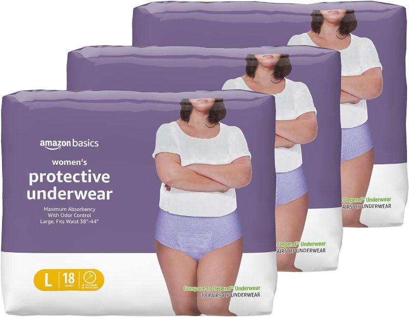 Photo 1 of Amazon Basics Incontinence & Postpartum Underwear for Women, Maximum Absorbency, Large, 54 Count, 3 Packs of 18, Lavender (Previously Solimo)
