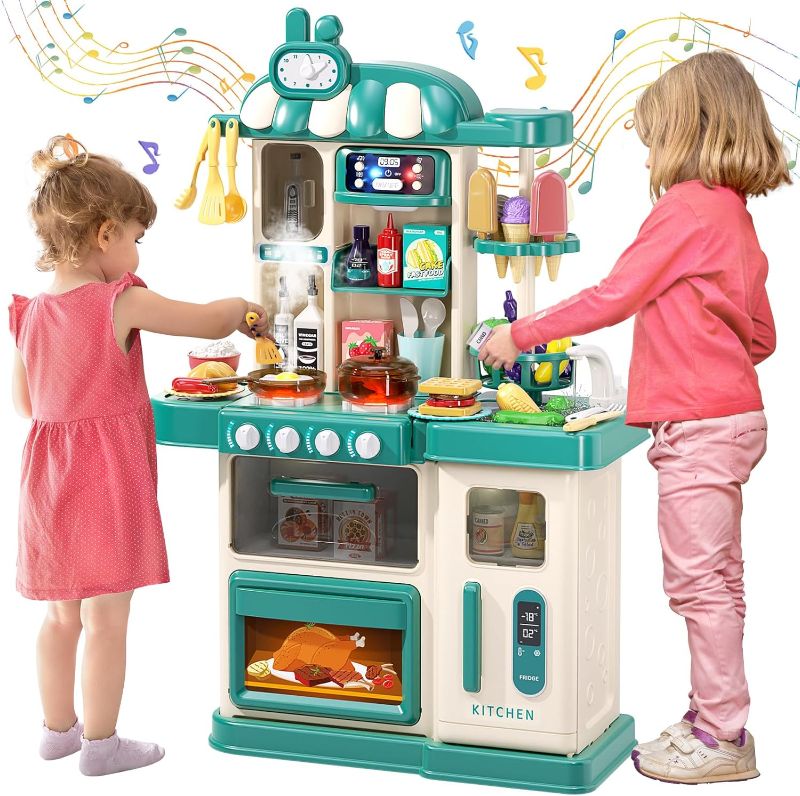 Photo 1 of AIQI 47PCS Kids Kitchen Playset with Sound & Light, Cooking Stove with Steam, Play Sink and Toy Kitchen Accessories - Pretend Kitchen Play Food Toys for Boys and Girls, Toddler Kitchen Set (Green)
