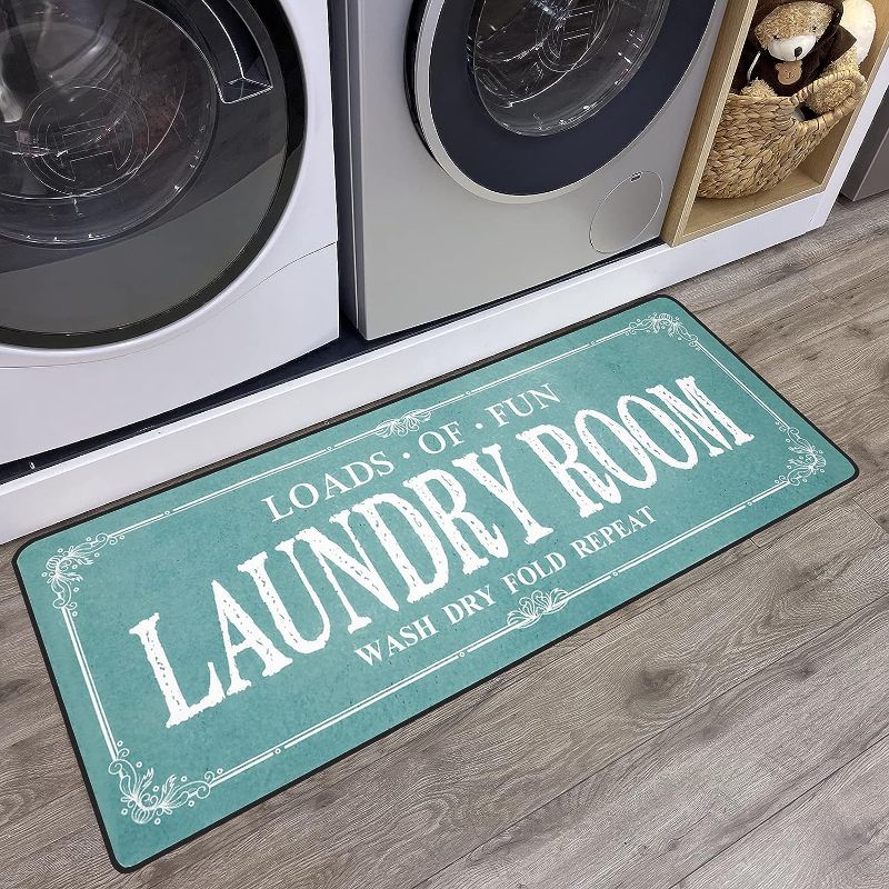 Photo 1 of Laundry Room Rug Runner Non Slip Laundry Mats Mudroom Runner Farmhouse Kitchen Floor Mat Bathroom Laundry Room Decor Accessories(Teal, 20 X 47 inch)
