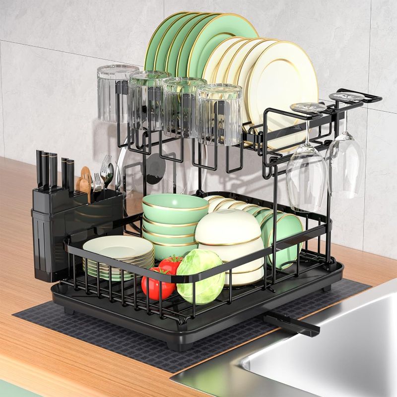 Photo 1 of Dish Drying Rack and Drainboard Set, Large Dish Racks for Kitchen Counter, 2 Tier Dish Strainers, Black Dish Drainer with Utensils, Pot, Knives, Cutting Board Holders and Drying Mat
