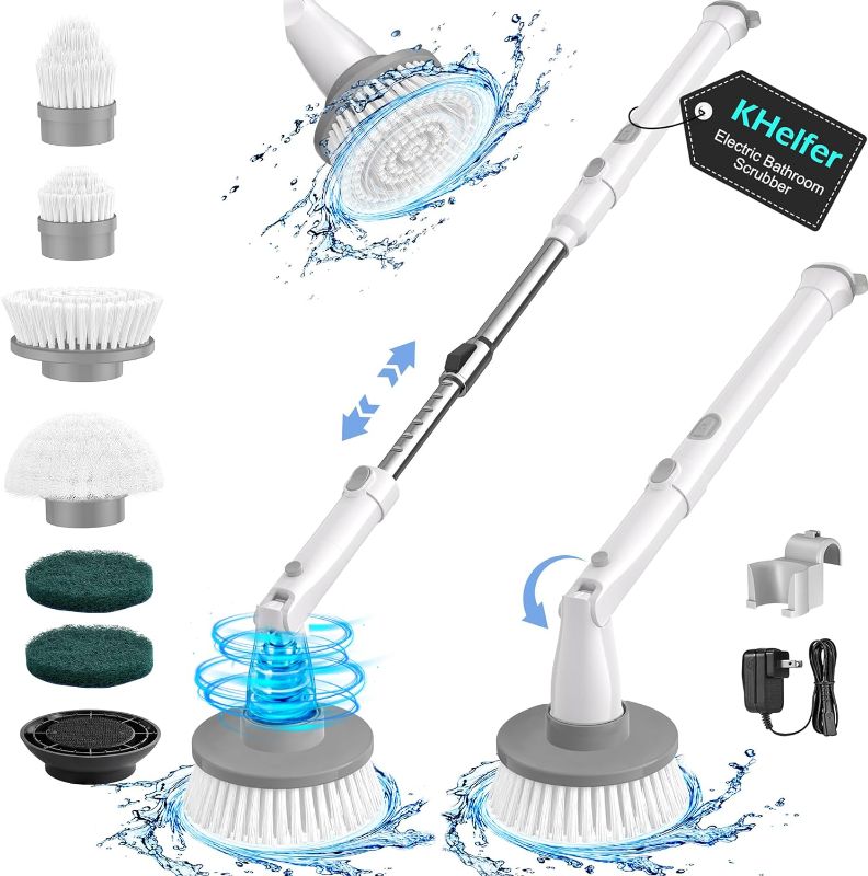 Photo 1 of kHelfer Electric Spin Scrubber Kh8, 2024 Upgrade Cordless Shower Scrubber 8 Replacement Head, 1.5H Bathroom Scrubber Dual Speed, Shower Cleaning Brush with Extension Arm for Bathtub Tile Floor
