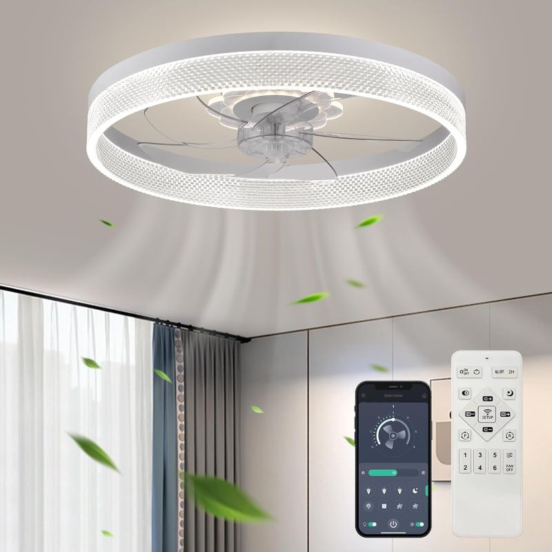 Photo 1 of 20‘’ Ceiling Fan with Light, 2024 Upgraded, Low Profile Fan, Flush Mount Ceiling Fan, 6 Speeds, Dimmable LED, App & Remote Control, Quiet DC Motor, For Bedroom, Living Room, F093 White-D
