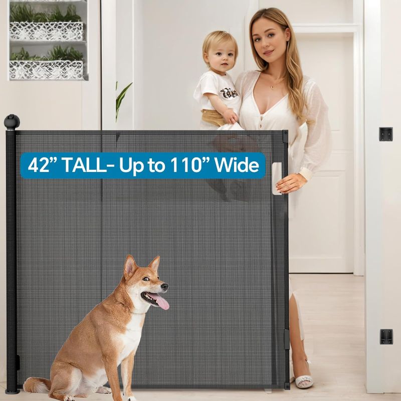 Photo 1 of Extra Tall Safety Retractable Baby Gate Adjustable Wide Retractable Dog Gate Mesh Baby Gate Child Gate for Doorway, Hallway, Stair Gates for Kids or Pets (Black, 42" Tall x 110" Wide)
