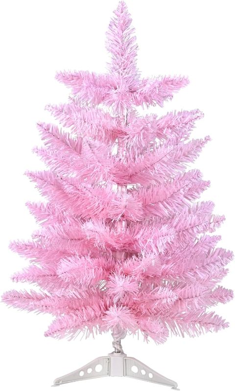 Photo 1 of 2FT Artificial Christmas Tree Pink Tabletop Christmas Tree with Plastic Stand Mini Xmas Pine Tree for Party Supplies Indoor Outdoor Holiday Home Decoration (Pink)
