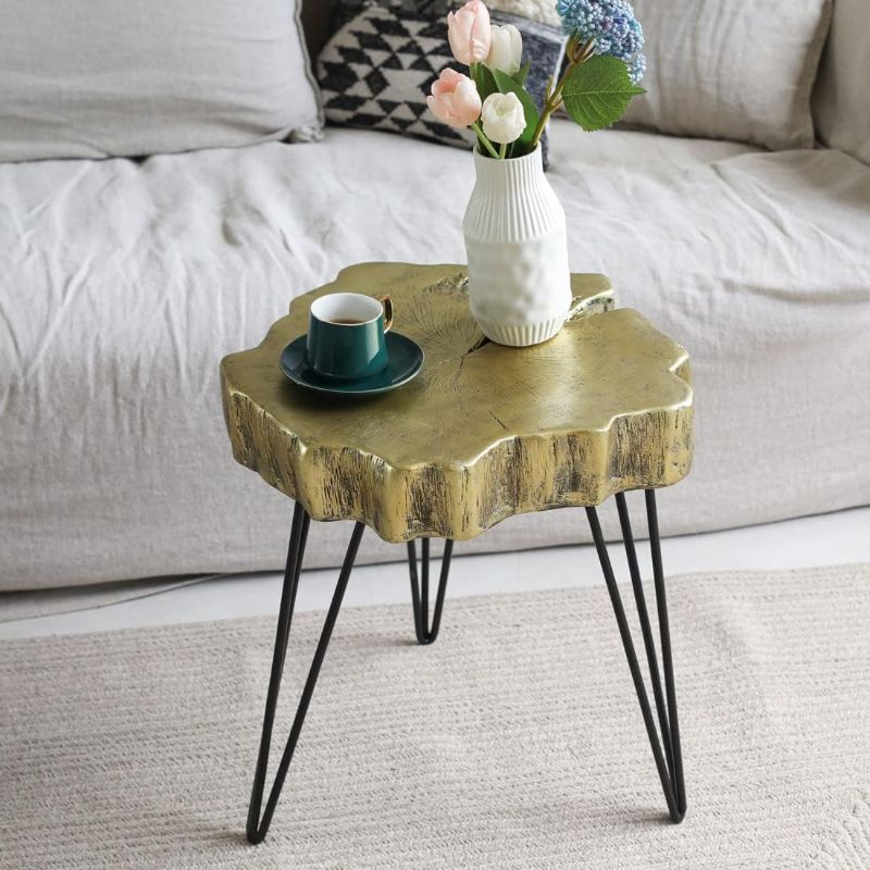Photo 1 of Modern Fluted Accent Patio Side End Table, Small Coffee Table with Hairpin Legs for Indoor Outdoor Courtyard Living Room, 19'D*21.25" H, Gold
