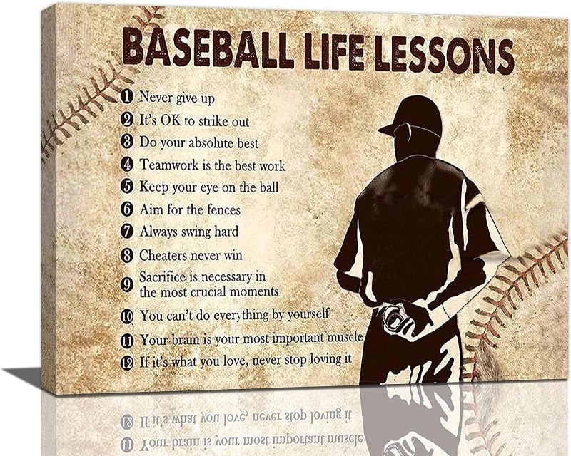 Photo 1 of Baseball Wall Art Boy Men Room Baseball Life Lessons Quotes Wall Decor Baseball Poster Rustic Picture Canvas Prints Framed Modern Artwork for Home Living Room Bedroom Gym Playroom 16"x12"
