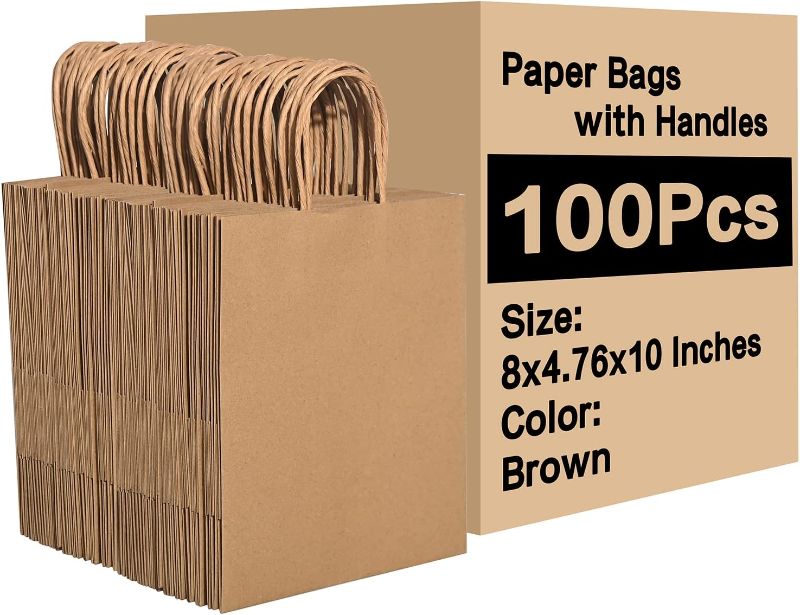 Photo 1 of Brothersbox Brown Paper Bags with Handles Bulk 100PCS Kraft Paper Bags, 8 * 4.76 * 10 Inch Medium Craft Paper Gift Bags for Birthday Party Grocery Retail Shopping Business
