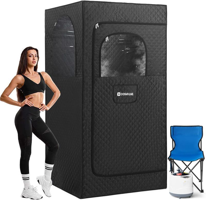 Photo 1 of COSVALVE Portable Steam Sauna, Personal Full Body Home Sauna Tent, Indoor Sauna Box for Home Relaxation with 4L 1600W Steam Generator, Remote Control, Timer, Foldable Chair (35.45L*35.45W*70.87''H)
