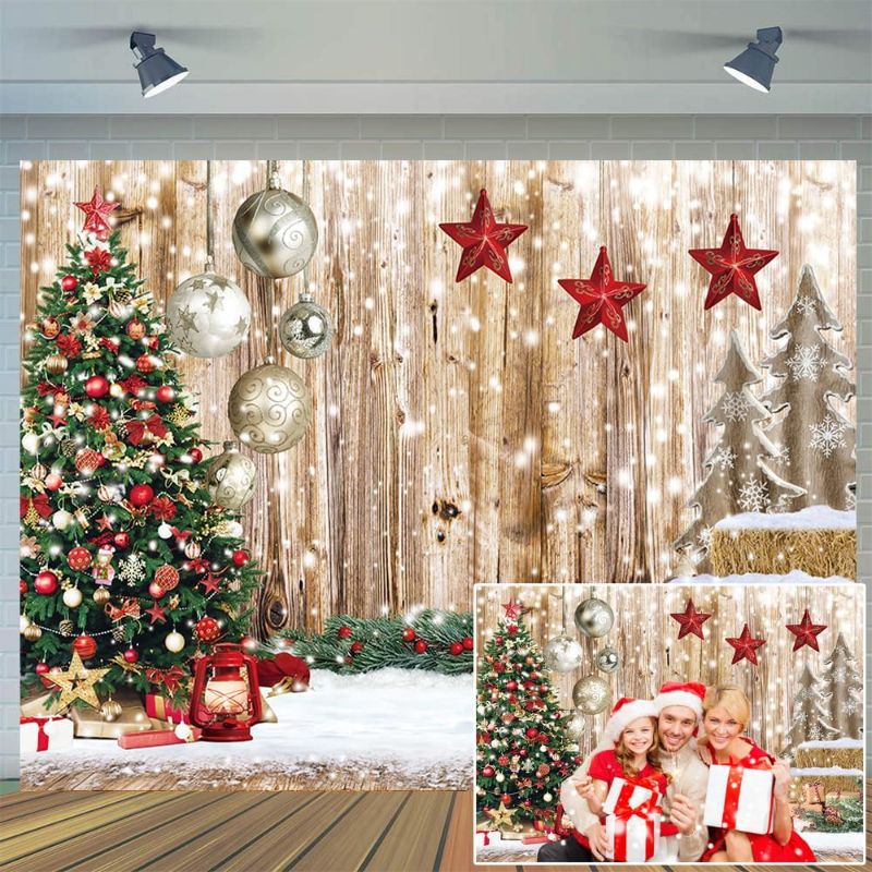 Photo 1 of CYLYH 8X6FT Rustic Wood Christmas Backdrop Vintage Wooden Floor Haystack Tree Snowman Photography Backdrop for Xmas Christmas Kids Holiday Party Decoration Portrait Photo Studio Photobooth Props

