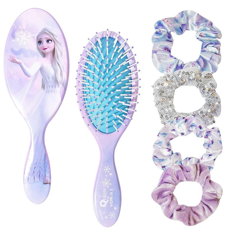 Photo 1 of Frozen Princess Elsa 5 Pcs Hair Accessory Set - 1 Hair Brush + 4 Scrunchies for Girls. Detangling Brush and Elastic Hair Ties.
