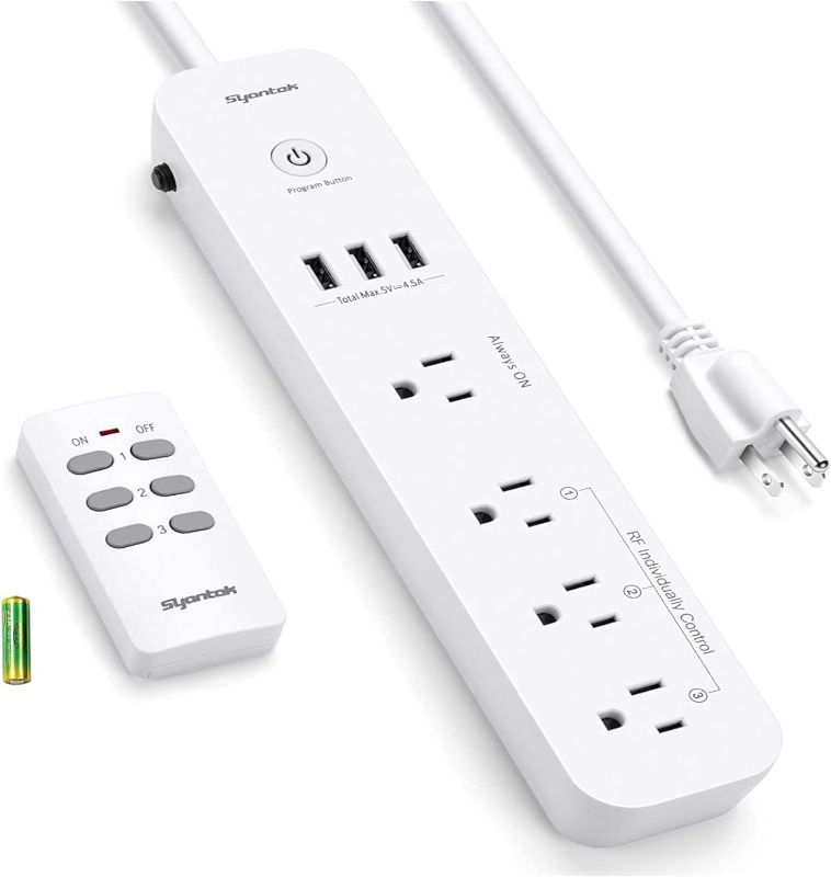 Photo 1 of Remote Control Power Strip with 3 USB Ports, 3 RF Controlled Outlets, 5 FT/1.5 Meter Long Extension Cord, White Power Strip, 10A/1250W for Household and Workstation Appliances
