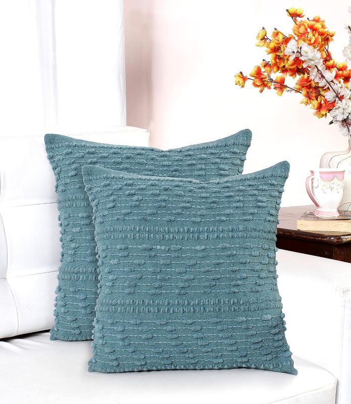 Photo 1 of ACCENTHOME Boho Throw Pillow Cover 18x18 Inch (2 Pc) Cotton Hand Woven Decorative Design Pillows for Farmhouse Couch Sofa Bedroom | Teal Tufted Pillow Covers | Home Decor Textured Hug Pillowcases
