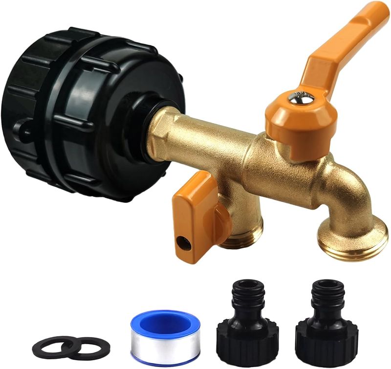Photo 1 of IBC Tote Adapter,Double Outlet for 275-330 Gallon Tank,2 in 1 Brass Faucet+2" Coarse Thread+2"Fine Thread,IBC Tote Fittings Valve,for Garden Hose Connector Replacement
