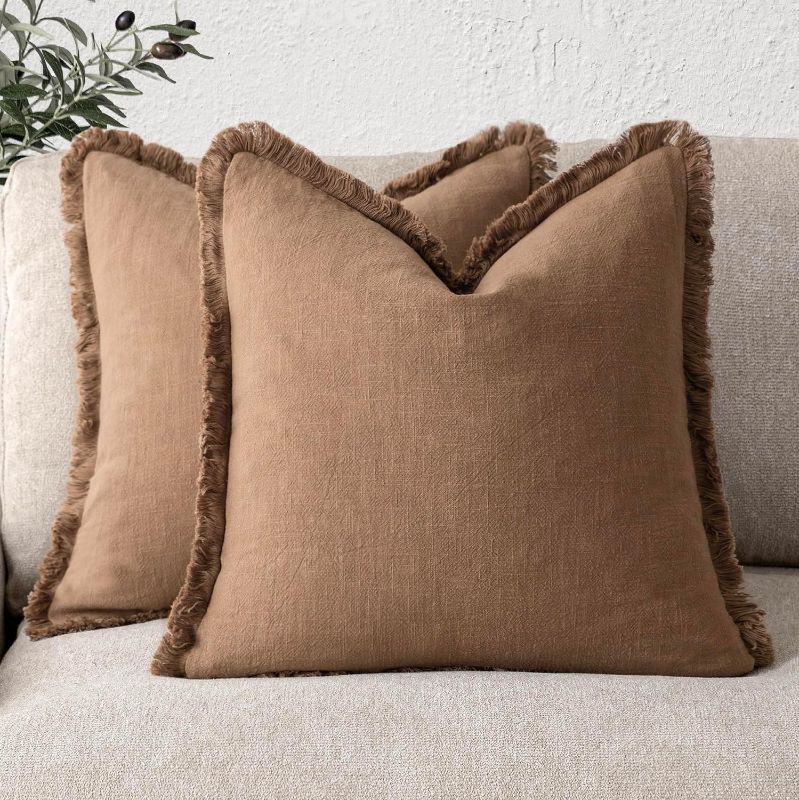 Photo 1 of Foindtower Set of 2 Decorative Linen Fringe Throw Pillow Covers Cozy Boho Farmhouse Cushion Cover with Tassels Soft Accent Pillowcase for Couch Sofa Bed Living Room Home Decor,18×18 Inch,Khaki Brown
