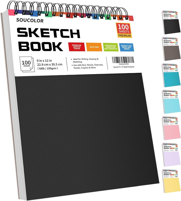 Photo 1 of Soucolor 9" x 12" Sketch Book, 1-Pack 100 Sheets Spiral Bound Art Sketchbook, Acid Free (68lb/100gsm) Artist Drawing Book Paper Painting Sketching Pad
