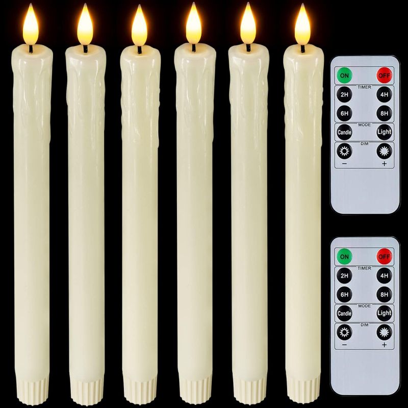 Photo 1 of Homemory Real Wax LED Flameless Taper Candles with Remote Timer, 9.6 Inches Ivory Candlesticks, Dripless Battery Operated 3D Flickering Flame for Fireplace Xmas Halloween
