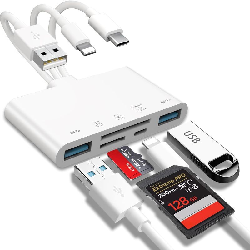 Photo 1 of 5-in-1 Memory Card Reader, USB OTG Adapter & SD Card Reader for i-Phone/i-Pad, USB C and USB A Devices with Micro SD & SD Card Slots, Supports SD/Micro SD/SDHC/SDXC/MMC
