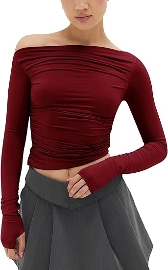 Photo 1 of [s] MISS MOLY Women's Sexy Off Shoulder Asymmetrical Tops Ruched Long Sleeve Boat Neck Cropped Y2K Tee Shirts Soft
