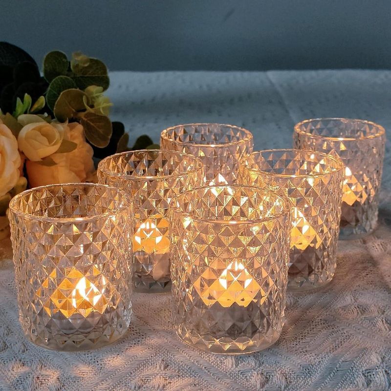 Photo 1 of 12Pcs Clear Votive Candle Holders, Tealight Candle Holder for Home Decor, Glass Tea Lights Candle Holder for Birthday Holiday Table
